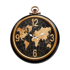 Reloj de pared vintage con mapa del mundo negro y dorado