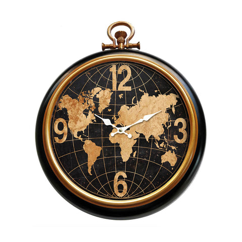 Reloj de pared vintage con mapa del mundo negro y dorado