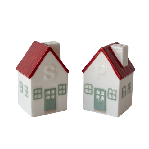 Set de salero y pimentero de cerámica en forma de casas con techo rojo y letras en relieve estilo rústico escandinavo
