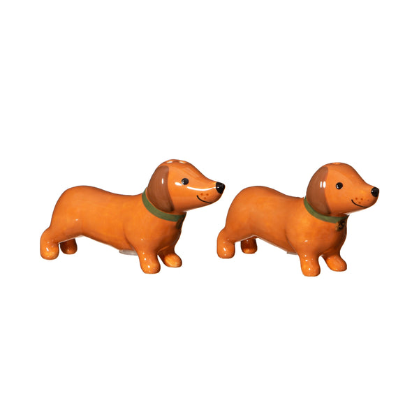 Salero y pimentero dachshund de cerámica vistos de perfil con diseño tierno y brillante