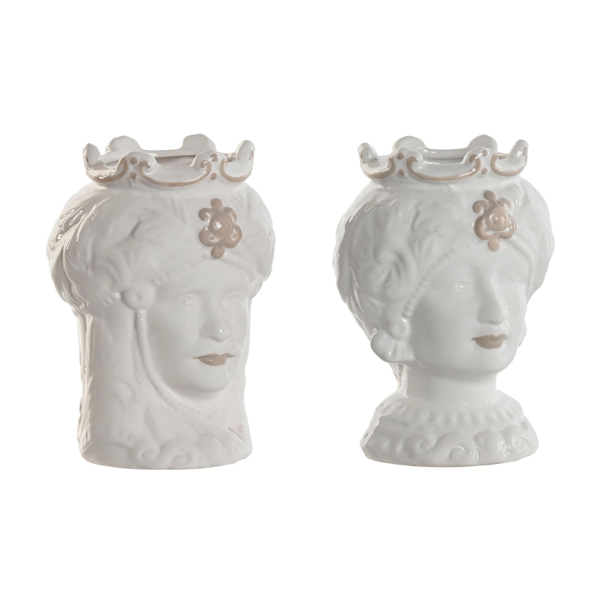 Set de dos jarrones Testa di Moro en porcelana blanca estilo siciliano Brocantia.