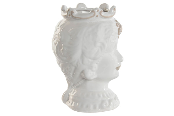 Detalle lateral del jarrón Testa di Moro mujer en porcelana blanca con corona decorativa.