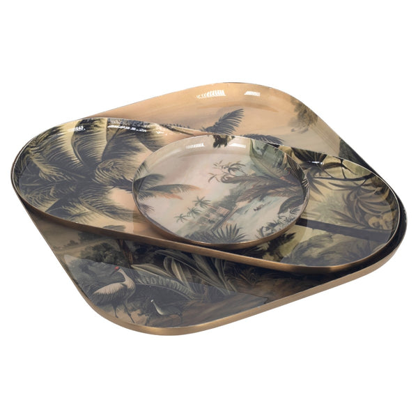 Bandejas tropicales de metal esmaltado apiladas – decoración exótica y funcional