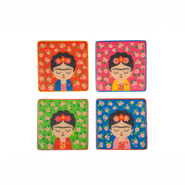 Set de posavasos con diseño de Frida Kahlo colorido