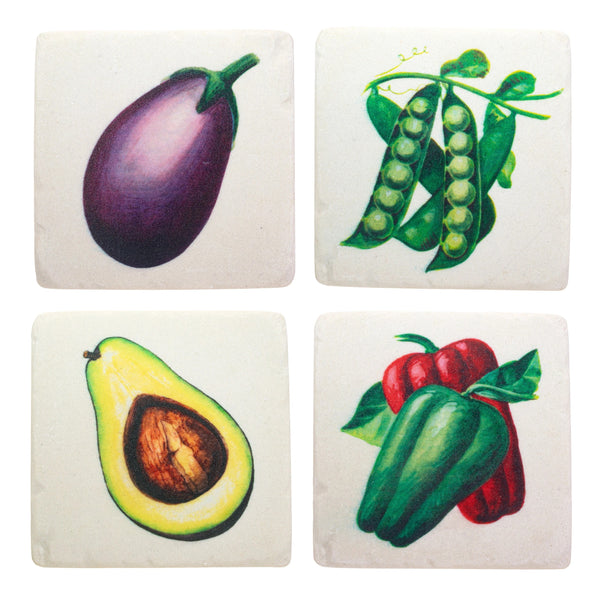 Set de 4 posavasos vegetales vintage con berenjena, guisantes, aguacate y pimientos.