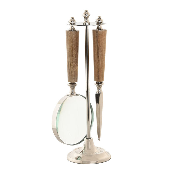 Set decorativo con lupa y abrecartas de madera sobre soporte cromado