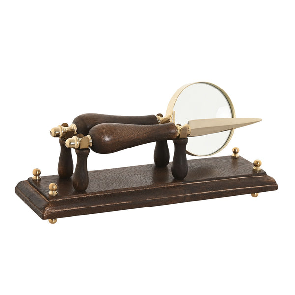 Set de lupa y abrecartas vintage en soporte de madera oscura
