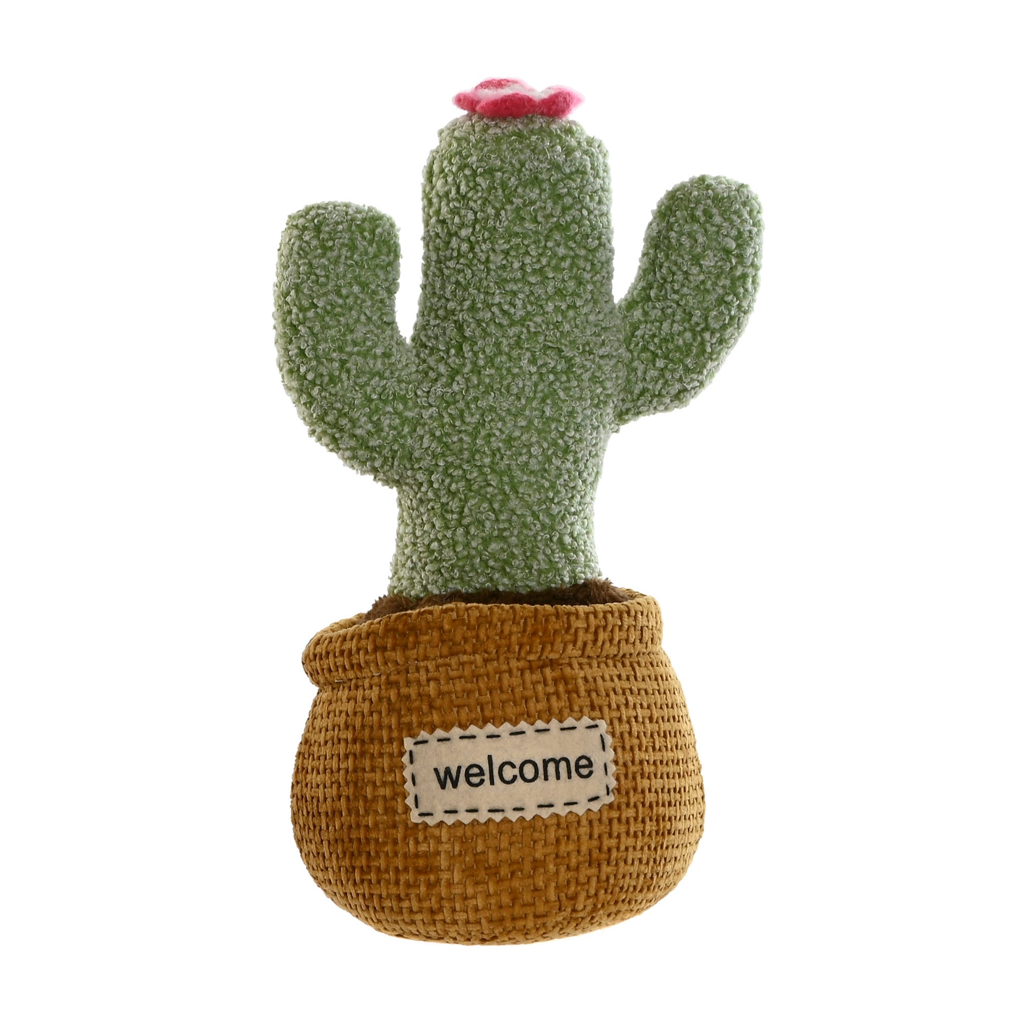 Sujetapuertas cactus tela verde con flor rosa y macetero welcome Brocantia vista frontal.