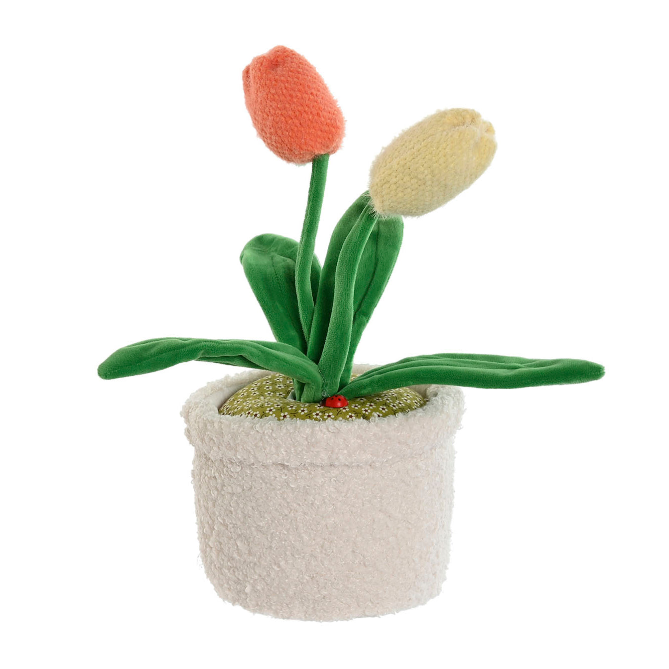 Sujetapuertas decorativo en forma de maceta con tulipanes de tela amarillo y naranja - Brocantia