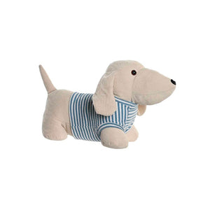 Sujetapuertas con forma de perro salchicha beige y camiseta de rayas azul Brocantia