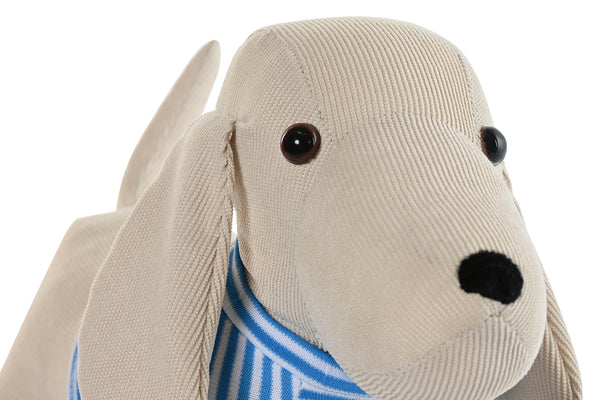 Detalle de la cabeza del sujetapuertas perro de pana beige con ojos de botón