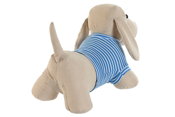 Parte trasera del sujetapuertas perro beige con camiseta azul de rayas Brocantia