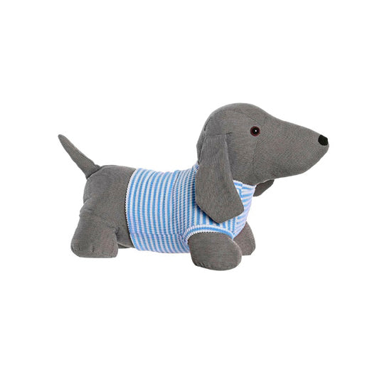 Sujetapuertas con forma de perro salchicha gris y camiseta de rayas azules Brocantia.