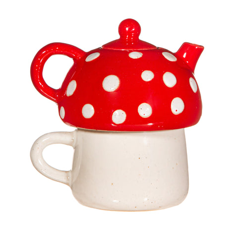 Set de tetera y taza de cerámica apilable en forma de seta roja con lunares blancos estilo cuento de hadas