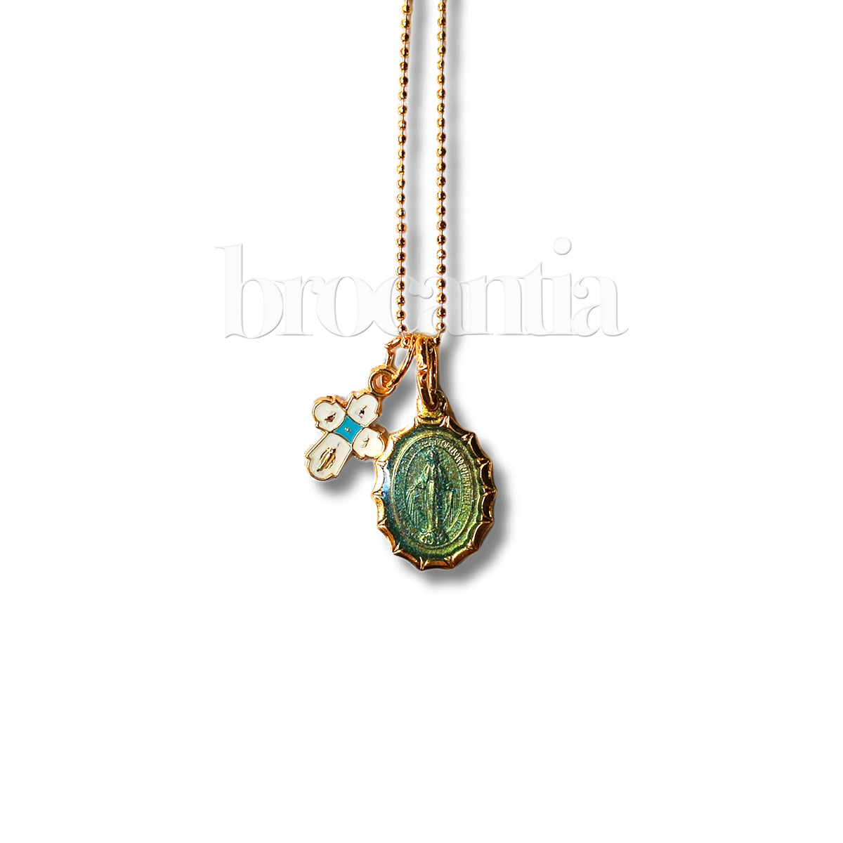 Colgante medalla Milagrosa y cruz esmaltada verde