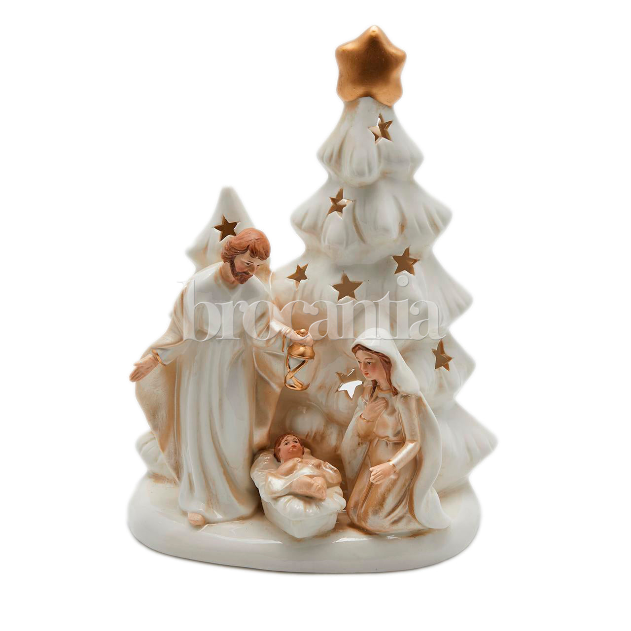 portavelas nacimiento cerámico con árbol y estrellas doradas